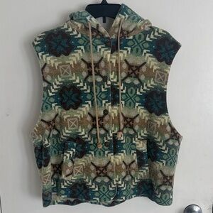 Vintage Patterned Hooded Sleeveless Vest in Green and Brown